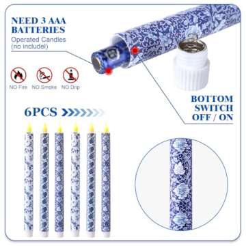 Baquler 6 Pcs Chinoiserie Flameless Candles 10.6 Inch Blue and White Battery Operated Led Candlestic...