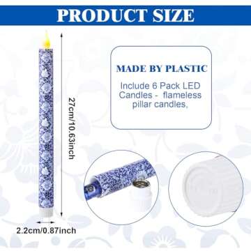 Baquler 6 Pcs Chinoiserie Flameless Candles 10.6 Inch Blue and White Battery Operated Led Candlesticks Chinoiserie Decor for Wedding Festive Party Home Centerpiece Gifts(Blue Chinoiserie Style)