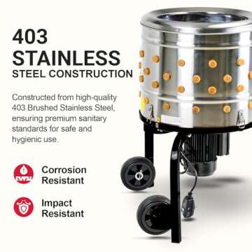 Kitchener Electric Chicken Plucker Machine 1HP 120VAC - Stainless Steel Poultry Processor 92 Soft Fingers, 20" Drum, GFCI Safety, Efficient & Durable for Farm and Food Processing