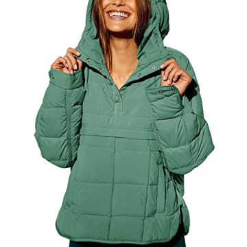 chouyatou Women's Quilted Pullover Puffer Jacket Packable Hooded Oversize Winter Coat Tops (Medium, Aqua Green)