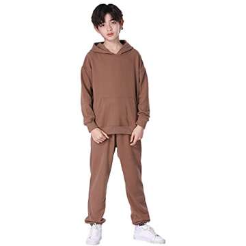 amropi Boy's Hooded Tracksuit Pullover Sweatshirt Jogging Pants Set 2 Pieces Sweatsuit Coffee, 7-8 Years