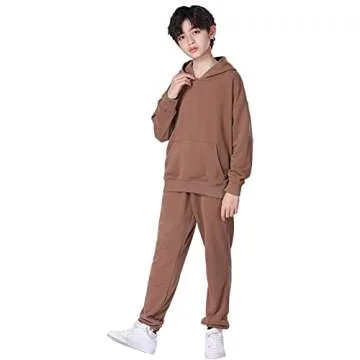 amropi Boy's Hooded Tracksuit Pullover Sweatshirt Jogging Pants Set 2 Pieces Sweatsuit Coffee, 7-8 Years