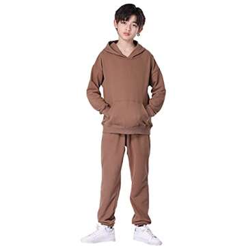 amropi Boy's Hooded Tracksuit Pullover Sweatshirt Jogging Pants Set 2 Pieces Sweatsuit Coffee, 7-8 Years