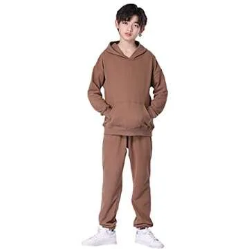 amropi Boy's Hooded Tracksuit Pullover Sweatshirt Jogging Pants Set 2 Pieces Sweatsuit Coffee, 7-8 Years