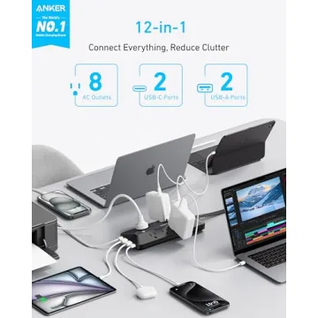 Anker Flat Plug Power Strip, 12-in-1 USB-C Power Strip with 8 AC Outlets, 2 USB-C, 2 USB-A Ports, 5f...
