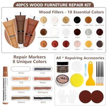 Wood Furniture Repair Kit, 40 Sets-18 Colors Wood Filler Putty and 8 Furniture Touch Up Markers, Vinyl Floor Repair Kit for Scratches Holes, Hardwood Floor Door, Cabinet Table, Bedposts