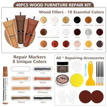 Wood Furniture Repair Kit, 40 Sets-18 Colors Wood Filler Putty and 8 Furniture Touch Up Markers, Vinyl Floor Repair Kit for Scratches Holes, Hardwood Floor Door, Cabinet Table, Bedposts