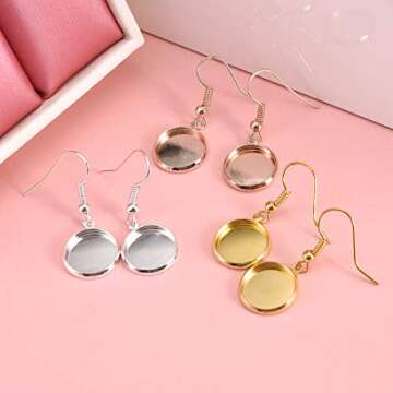 LANBEIDE 12mm Earring Wire Hooks with Glass Cover Cabochon Setting, 84 Pcs 7 Colors Alloy Earring Bezel Trays for Jewelry Making