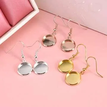 LANBEIDE 12mm Earring Wire Hooks with Glass Cover Cabochon Setting, 84 Pcs 7 Colors Alloy Earring Bezel Trays for Jewelry Making