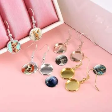 LANBEIDE 12mm Earring Wire Hooks with Glass Cover Cabochon Setting, 84 Pcs 7 Colors Alloy Earring Bezel Trays for Jewelry Making