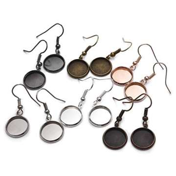 LANBEIDE 12mm Earring Wire Hooks with Glass Cover Cabochon Setting, 84 Pcs 7 Colors Alloy Earring Bezel Trays for Jewelry Making