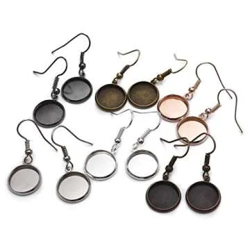 LANBEIDE 12mm Earring Wire Hooks with Glass Cover Cabochon Setting, 84 Pcs 7 Colors Alloy Earring Bezel Trays for Jewelry Making