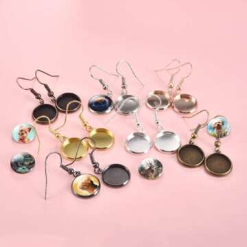 LANBEIDE 12mm Earring Wire Hooks with Glass Cover Cabochon Setting, 84 Pcs 7 Colors Alloy Earring Bezel Trays for Jewelry Making
