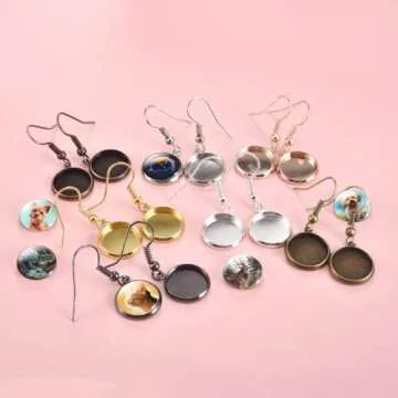 LANBEIDE 12mm Earring Wire Hooks with Glass Cover Cabochon Setting, 84 Pcs 7 Colors Alloy Earring Bezel Trays for Jewelry Making