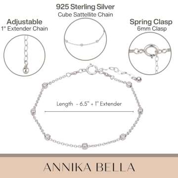 Annika Bella Hand Chain Bracelet, 925 Silver Bracelets for Women, Sterling Silver Jewelry, Jewelry for Teens (Cube Satellite Chain)