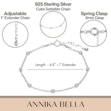 Annika Bella Hand Chain Bracelet, 925 Silver Bracelets for Women, Sterling Silver Jewelry, Jewelry for Teens (Cube Satellite Chain)