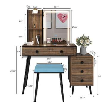 LVSOMT Vanity Desk with Mirror and Lights - Stylish Makeup Table Set with Charging Station & Drawers...