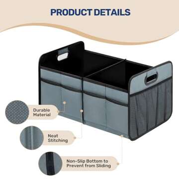 YSSOA Trunk Organizer for Car/SUV/Truck, Collapsible 2 Compartment Automotive Storage Box, 600D Waterproof Oxford Polyester 50L Travel Accessories, Anti-slip & Leak-proof, Grey-Green