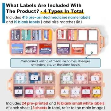 3 Pack 14 Grids Travel Pill Organizer Box with 415-Pcs Medicine Name Labels - Pocket Daily Pharmacy Case Container Kit - Travel Medication Holder Dispenser for Fish Oil Vitamin Supplement Storage