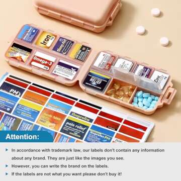 3 Pack 14 Grids Travel Pill Organizer Box with 415-Pcs Medicine Name Labels - Pocket Daily Pharmacy Case Container Kit - Travel Medication Holder Dispenser for Fish Oil Vitamin Supplement Storage