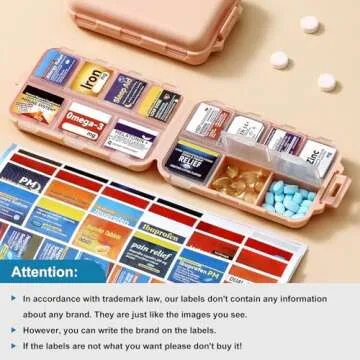 3 Pack 14 Grids Travel Pill Organizer Box with 415-Pcs Medicine Name Labels - Pocket Daily Pharmacy Case Container Kit - Travel Medication Holder Dispenser for Fish Oil Vitamin Supplement Storage