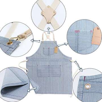 Jeanerlor Blue Striped Denim Aprons for Women and Men - Jean Cross Back Apron Adjustable Neck Unisex with 4 Pockets for Barista, Chef, Barber, Painter and Gardener, Adjustable M to XXL