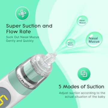 Electric Nasal Aspirator for Baby, Nose Aspirator for Toddlers, Waterproof Baby Nose Sucker, Nose Cleaner with 3 Silicone Tips, Adjustable Suction Level, Music and Light Soothing Function,Green