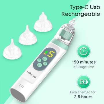 Electric Nasal Aspirator for Baby, Nose Aspirator for Toddlers, Waterproof Baby Nose Sucker, Nose Cleaner with 3 Silicone Tips, Adjustable Suction Level, Music and Light Soothing Function,Green