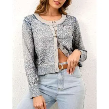 Ziesexy Leopard Cardigan Open Front Button Up Sweaters for Women Long Sleeve Shrug Cheetah Print Top Cropped Cardigan Jackets