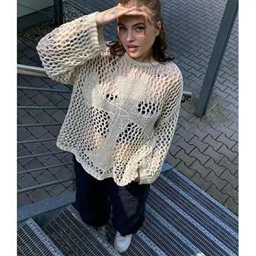 Womens Y2K Hollow Out Long Sleeve Tops Sexy Crochet Knit Crop Tops Mesh See Through Fishnet T-Shirt
