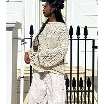 Womens Y2K Hollow Out Long Sleeve Tops Sexy Crochet Knit Crop Tops Mesh See Through Fishnet T-Shirt