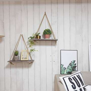 TIMEYARD Decorative Wall Hanging Shelf - Distressed Wood Jute Rope Floating Shelves - Rustic Home Wall Decor - Set of 2