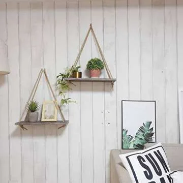 TIMEYARD Decorative Wall Hanging Shelf - Distressed Wood Jute Rope Floating Shelves - Rustic Home Wall Decor - Set of 2