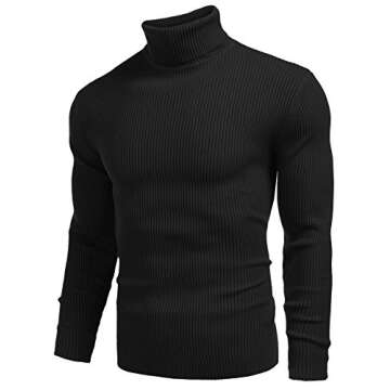 COOFANDY Men's Ribbed Slim Fit Knitted Pullover Turtleneck Sweater, Large, Black