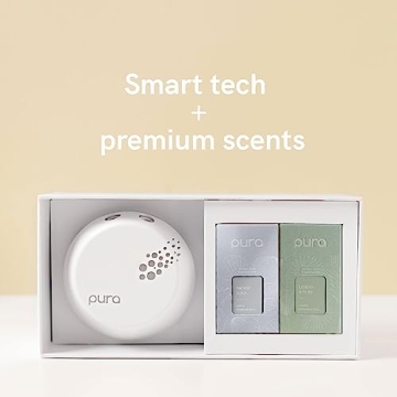 Pura - Smart Home Fragrance Device Starter Set V3 - Scent Diffuser for Homes, Bedrooms & Living Rooms - Includes Fragrance Aroma Diffuser & Two Fragrances - Linens & Surf and Pacific Aqua