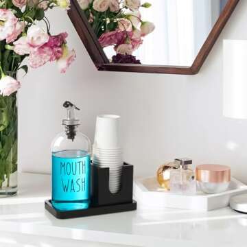 Mouthwash Dispenser for Bathroom, 16 OZ Glass Mouthwash Dispenser with Pour Spout and Wood Cup Holder and Tray, Mouth Wash Bottle Container, Black Kitchen Bathroom Decor and Accessories