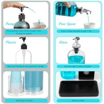 Mouthwash Dispenser for Bathroom, 16 OZ Glass Mouthwash Dispenser with Pour Spout and Wood Cup Holder and Tray, Mouth Wash Bottle Container, Black Kitchen Bathroom Decor and Accessories
