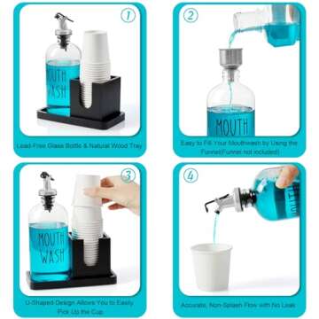 Mouthwash Dispenser for Bathroom, 16 OZ Glass Mouthwash Dispenser with Pour Spout and Wood Cup Holder and Tray, Mouth Wash Bottle Container, Black Kitchen Bathroom Decor and Accessories