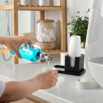 Mouthwash Dispenser for Bathroom, 16 OZ Glass Mouthwash Dispenser with Pour Spout and Wood Cup Holder and Tray, Mouth Wash Bottle Container, Black Kitchen Bathroom Decor and Accessories