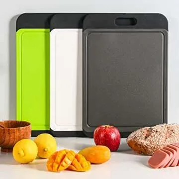 SOSECCE Cutting Board Plastic with Juice Grooves and One-Piece Non-Slip Silicone Handles, 14 x 9.5 x 0.4 Inch Kitchen Chopping Board, Dishwasher Safe BPA Free (Black+Grey)