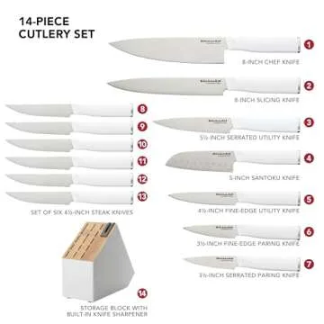 KitchenAid Classic Slim Knife Block Set with Built-In Knife Sharpener, High Carbon Stainless Steel Kitchen Knives, Sharp Kitchen Knife Set with Block, 14-Piece, White