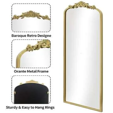 AIXI HOME Arched Gold Antique Full Length Mirror, 22"x65" Traditional Elegant Vintage Floor Body Mirror with Ornate Matel Frame, Baroque Inspired Home Decor for Bedroom/Living Room/Hallway