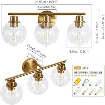 Lanmate Bathroom Light Fixtures Over Mirror 3-Lights Bathroom Vanity Light with Clear Globe Glass Shade 22 inch Modern Gold Vanity Light Wall Sconce Brushed Brass Vanity Light Bathroom Light for Bath
