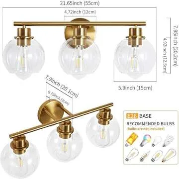 Lanmate Bathroom Light Fixtures Over Mirror 3-Lights Bathroom Vanity Light with Clear Globe Glass Shade 22 inch Modern Gold Vanity Light Wall Sconce Brushed Brass Vanity Light Bathroom Light for Bath