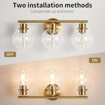 Lanmate Bathroom Light Fixtures Over Mirror 3-Lights Bathroom Vanity Light with Clear Globe Glass Shade 22 inch Modern Gold Vanity Light Wall Sconce Brushed Brass Vanity Light Bathroom Light for Bath