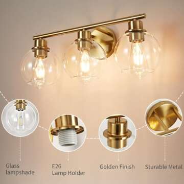 Lanmate Bathroom Light Fixtures Over Mirror 3-Lights Bathroom Vanity Light with Clear Globe Glass Shade 22 inch Modern Gold Vanity Light Wall Sconce Brushed Brass Vanity Light Bathroom Light for Bath