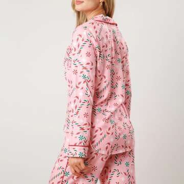 Luckinbaby Women Christmas Pajamas Set Candy Cane Print Knotted Pj Lounge Set Long Sleeve Xmas Top a...