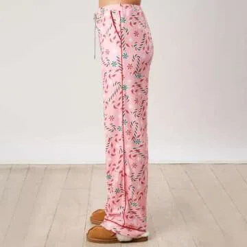 Luckinbaby Women Christmas Pajamas Set Candy Cane Print Knotted Pj Lounge Set Long Sleeve Xmas Top and Pants(Candycane Pink,Small)