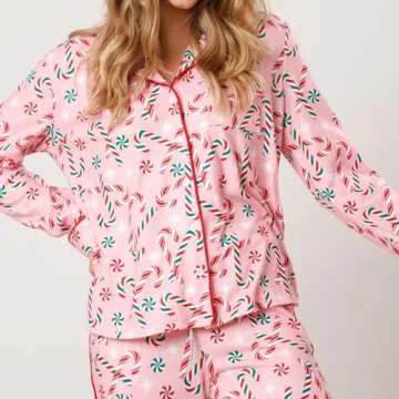 Luckinbaby Women Christmas Pajamas Set Candy Cane Print Knotted Pj Lounge Set Long Sleeve Xmas Top and Pants(Candycane Pink,Small)