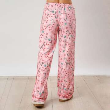 Luckinbaby Women Christmas Pajamas Set Candy Cane Print Knotted Pj Lounge Set Long Sleeve Xmas Top and Pants(Candycane Pink,Small)